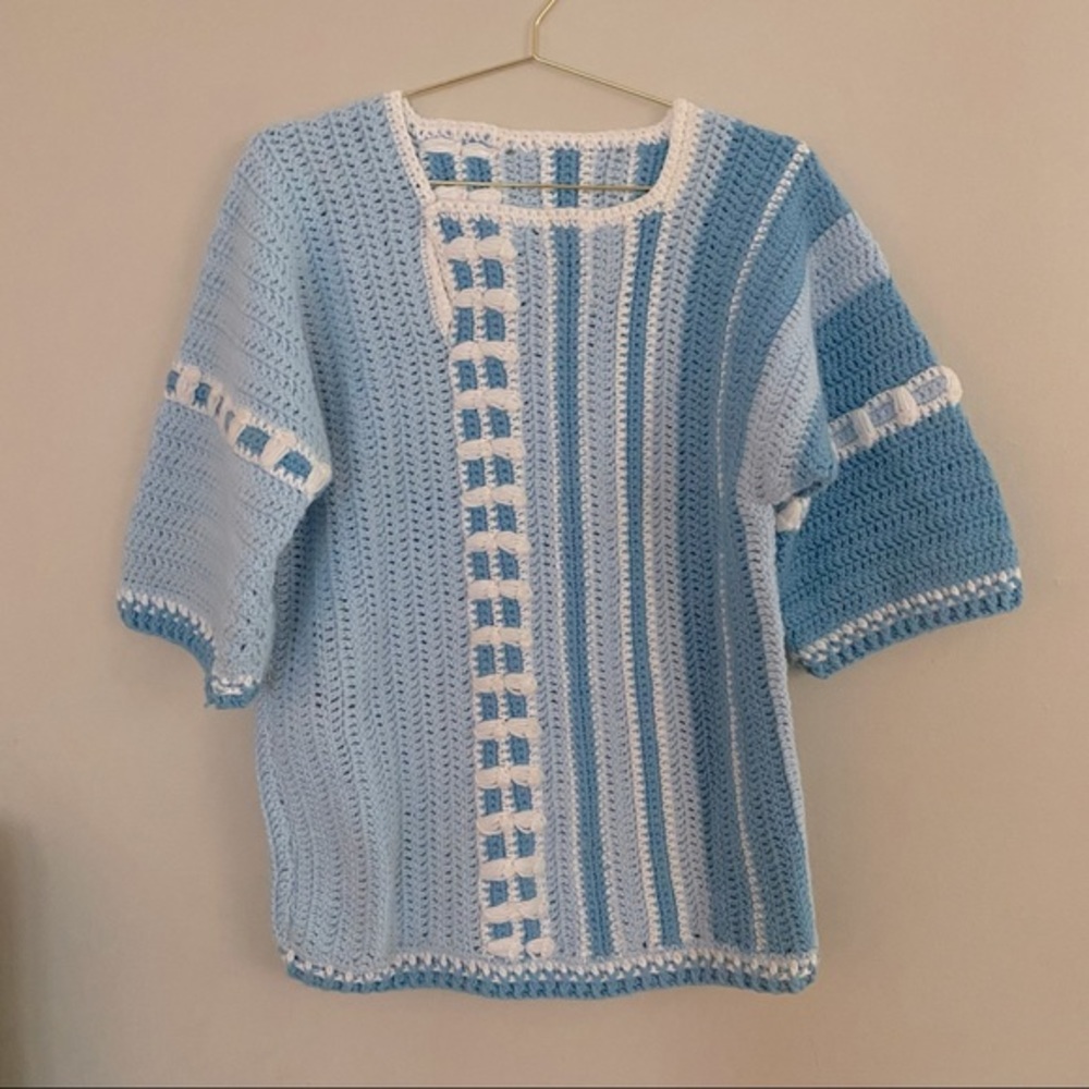 Homemade Vintage tunic Knit Sweater Short-sleeve One size Blue cozy